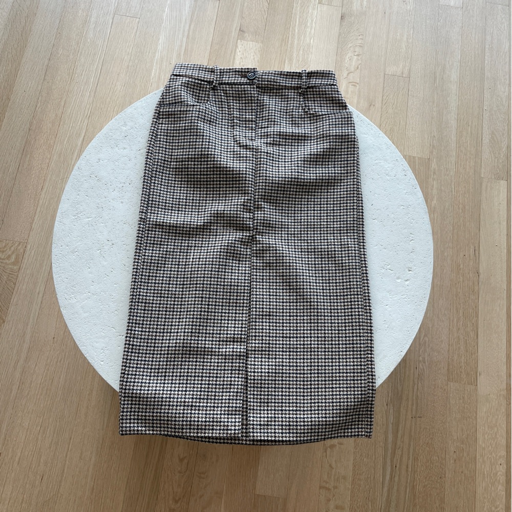 Mango High Waisted Brown Houndstooth Pencil Skirt with Front Slit & Pockets
